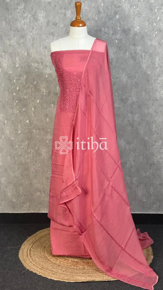 VISCOSE ORGANZA CHIKANKARI SALWAR SUIT - ROSE PINK