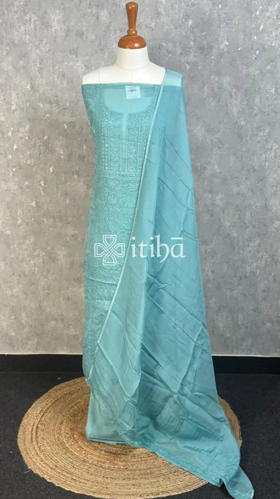 VISCOSE ORGANZA CHIKANKARI SALWAR SUIT - SEA GREEN