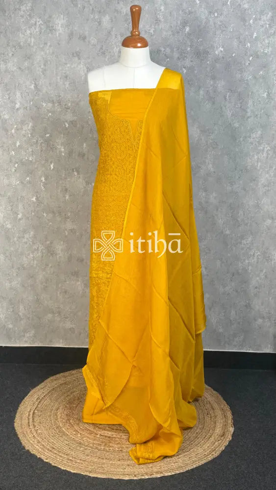 VISCOSE ORGANZA CHIKANKARI SALWAR SUIT - Yellow