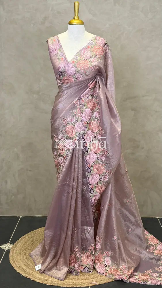 VISCOSE ORGANZA CUTWORK EMBROIDERY SAREE - DUSTY PURPLE