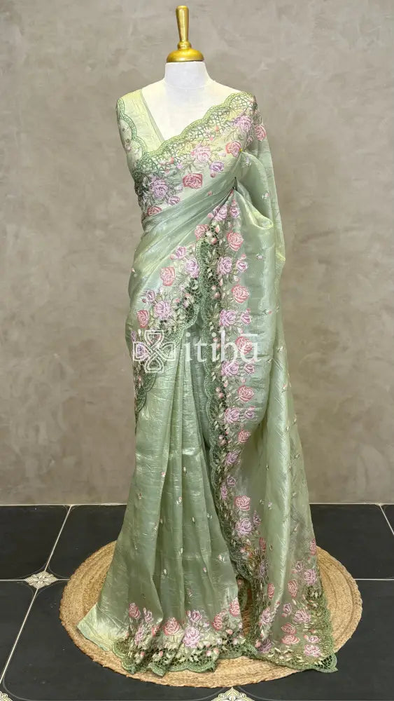 VISCOSE ORGANZA CUTWORK EMBROIDERY SAREE - PASTEL GREEN