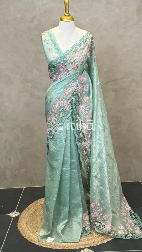 VISCOSE ORGANZA CUTWORK EMBROIDERY SAREE - SAGE GREEN
