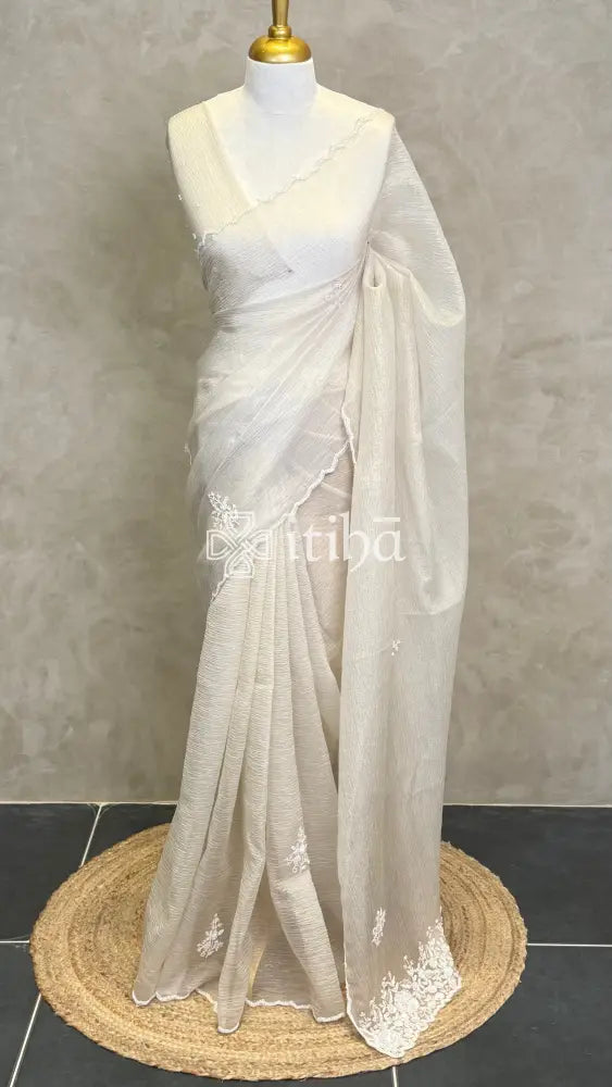 VISCOSE ORGANZA EMBROIDERY DESIGNER SAREE - OFF WHITE