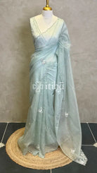VISCOSE ORGANZA EMBROIDERY DESIGNER SAREE - PASTEL AQUA BLUE