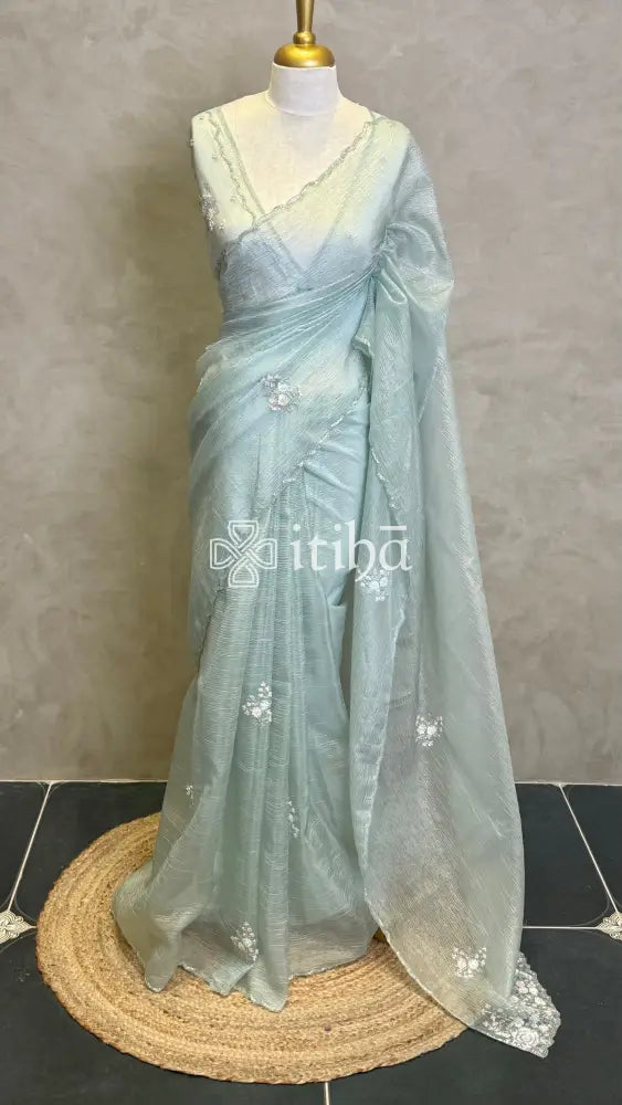 VISCOSE ORGANZA EMBROIDERY DESIGNER SAREE - PASTEL AQUA BLUE