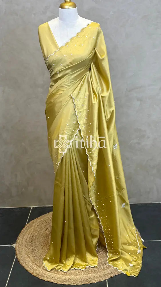 VISCOSE ORGANZA HAND EMBROIDERY SAREE - GOLDEN YELLOW
