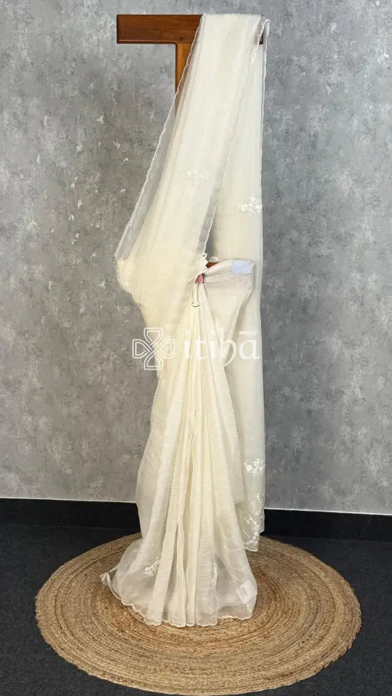 VISCOSE ORGANZA HAND EMBROIDERY SAREE - OFF WHITE