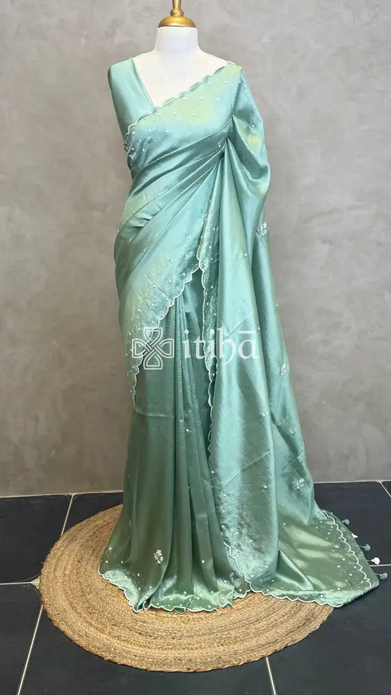 VISCOSE ORGANZA HAND EMBROIDERY SAREE - PASTEL GREEN