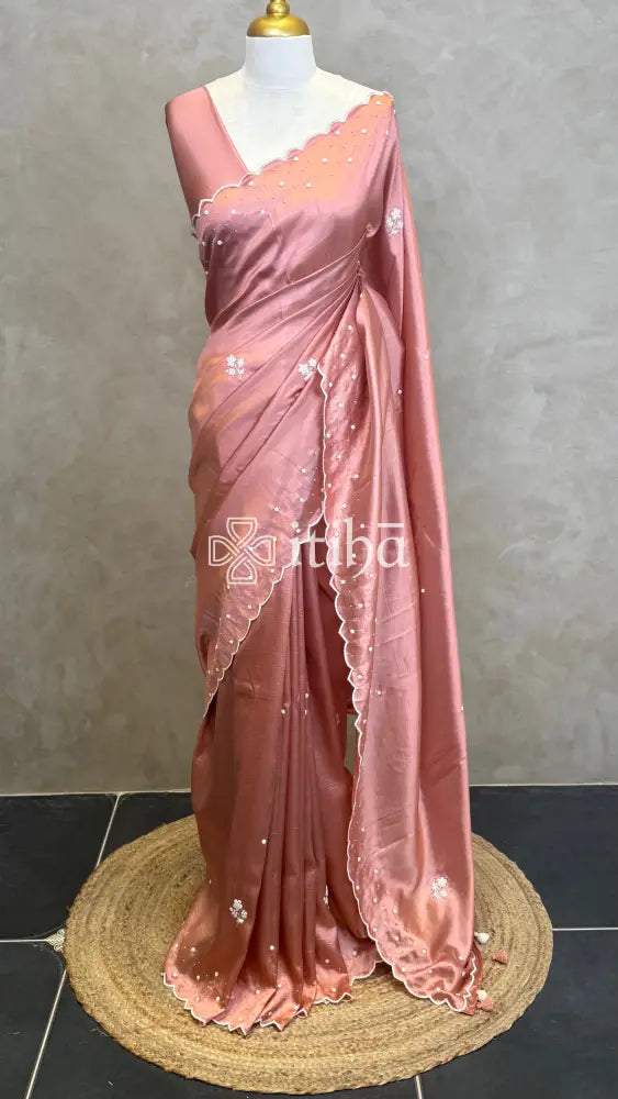 VISCOSE ORGANZA HAND EMBROIDERY SAREE - PASTEL PEACH