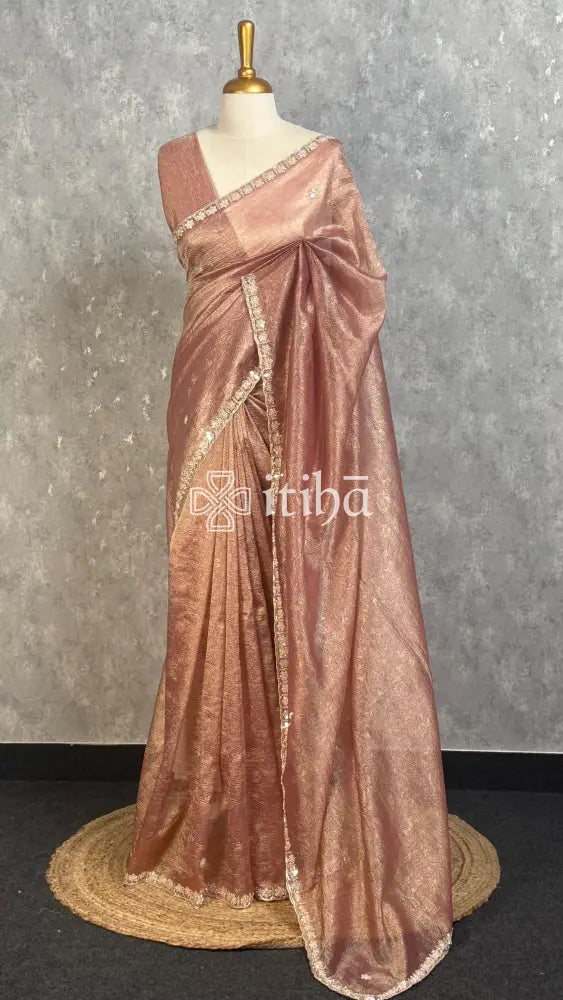 VISCOSE ORGANZA HANDWORK DESIGNER SAREE - Rose gold