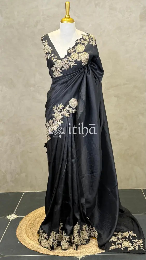 VISCOSE ORGANZAEMBROIDERY SAREE - Black