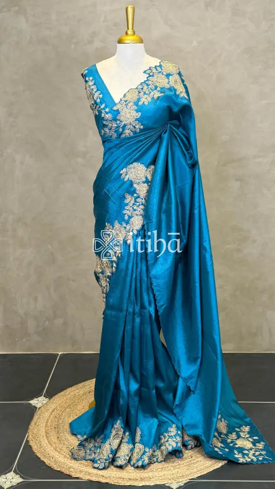 VISCOSE ORGANZAEMBROIDERY SAREE - PEACOCK BLUE