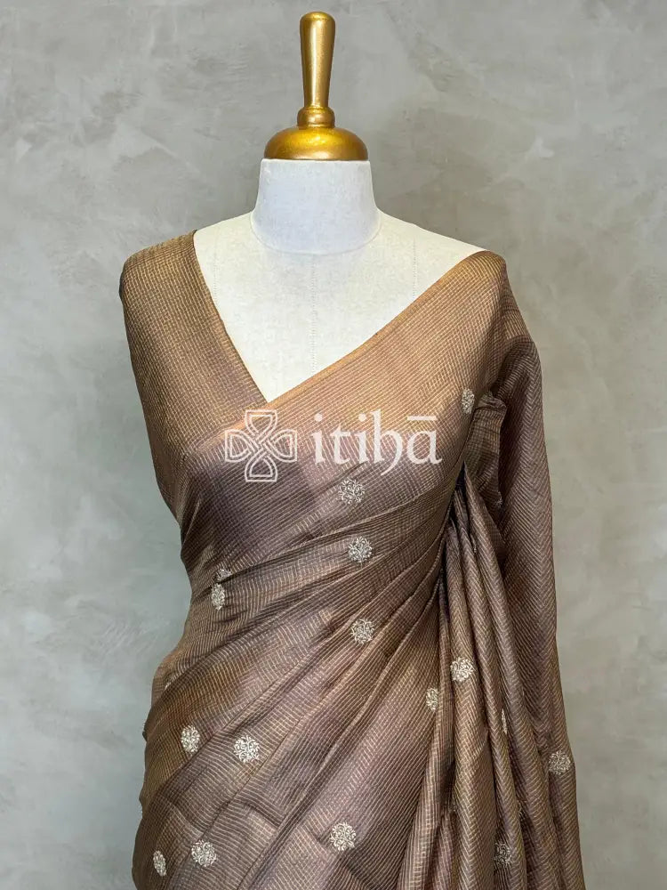 ZARI CHECKS TUSSAR EMBROIDERY SAREE - Brown