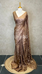 ZARI CHECKS TUSSAR EMBROIDERY SAREE - Brown