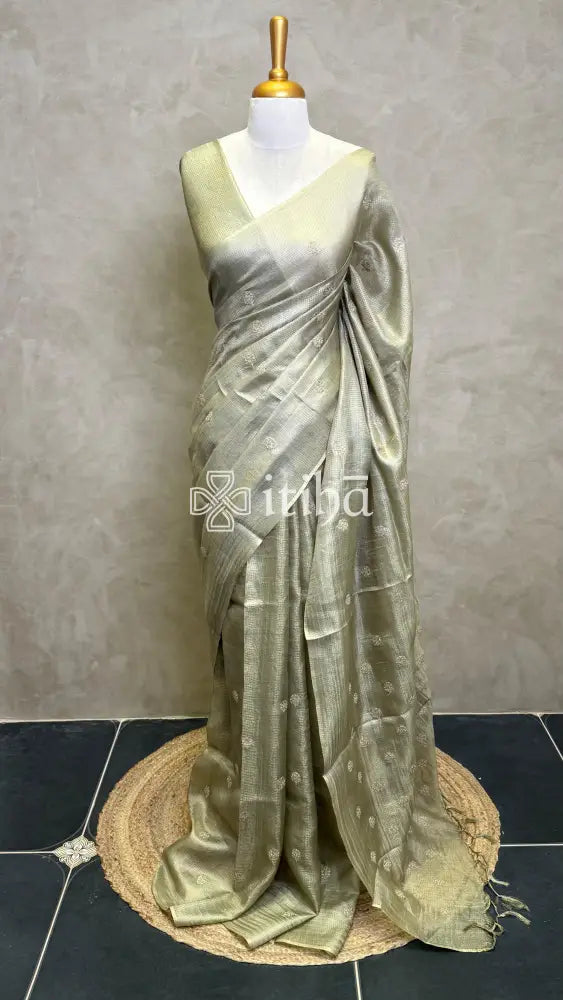 ZARI CHECKS TUSSAR EMBROIDERY SAREE - DUSTY OLIVE GREEN