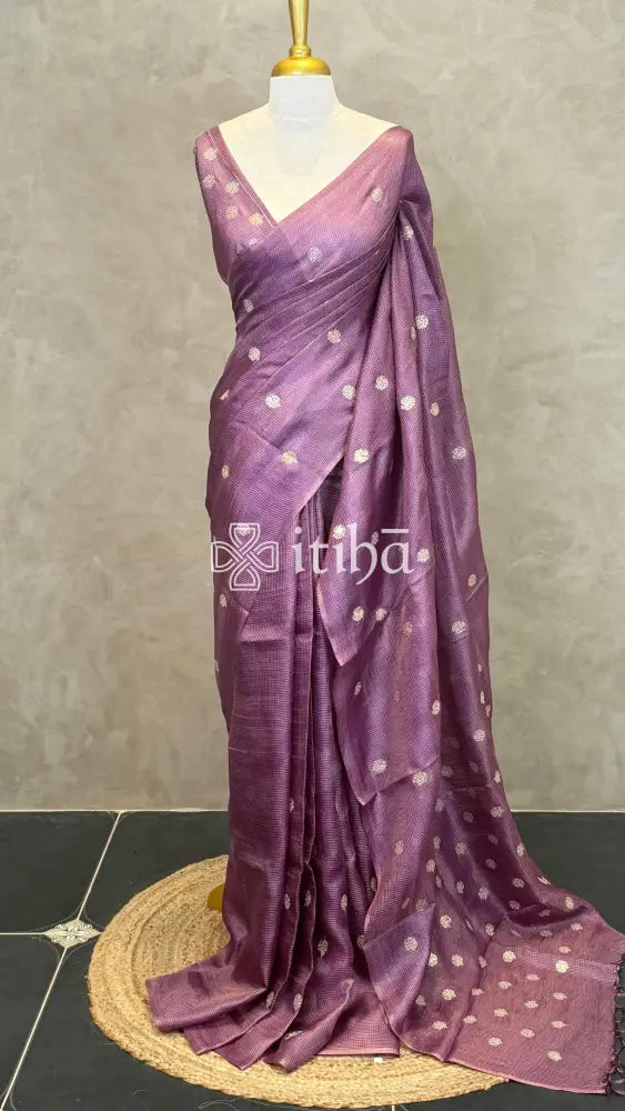 ZARI CHECKS TUSSAR EMBROIDERY SAREE - DUSTY PURPLE