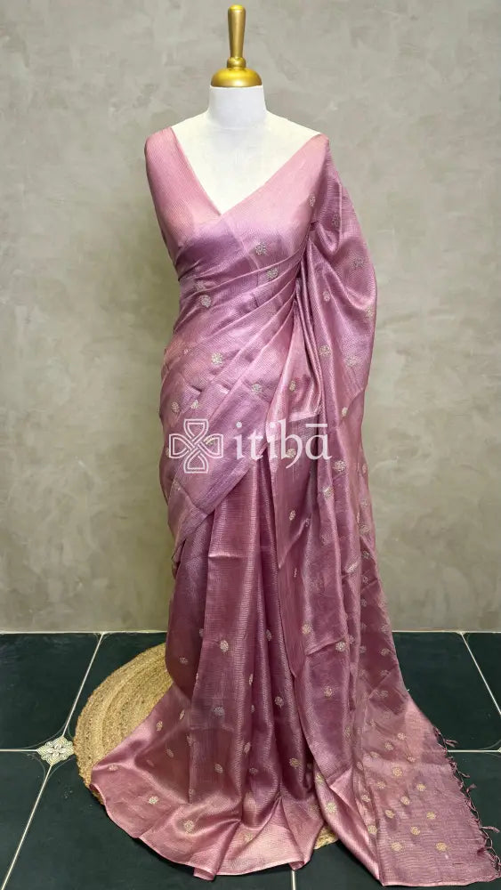 ZARI CHECKS TUSSAR EMBROIDERY SAREE - ONION PINK