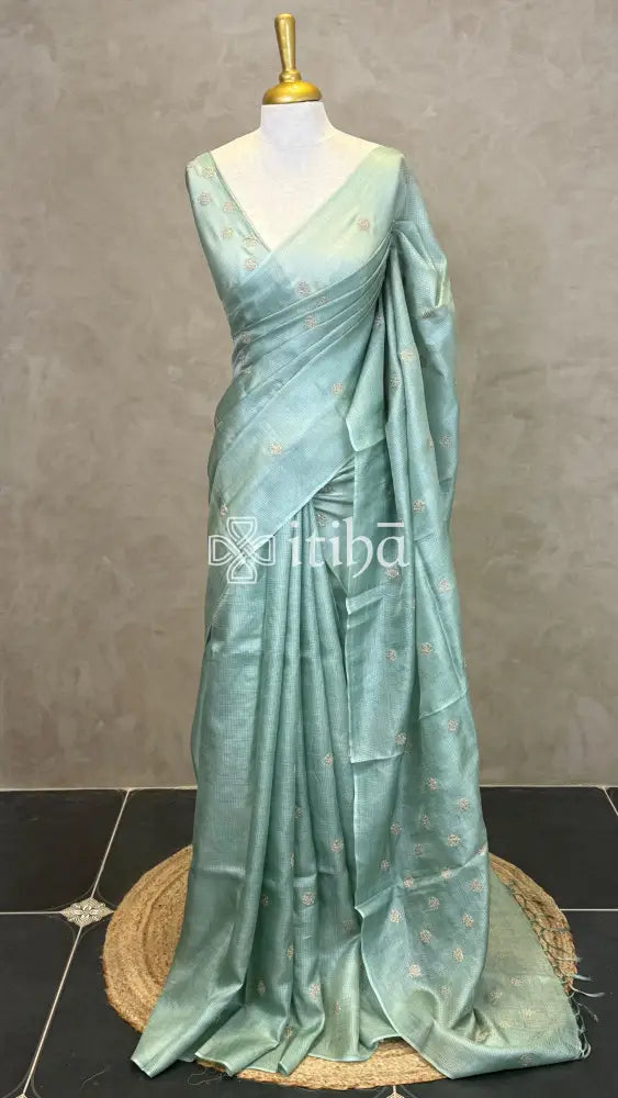 ZARI CHECKS TUSSAR EMBROIDERY SAREE - PASTEL AQUA MINT