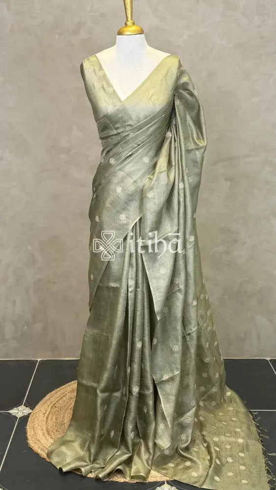 ZARI CHECKS TUSSAR EMBROIDERY SAREE - PASTEL GREEN