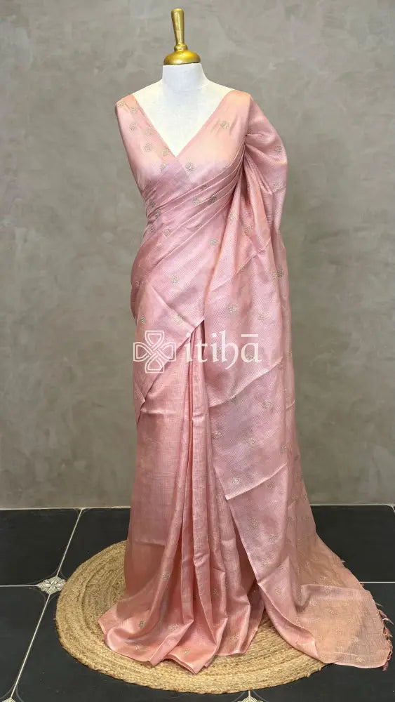 ZARI CHECKS TUSSAR EMBROIDERY SAREE - PEACH PINK