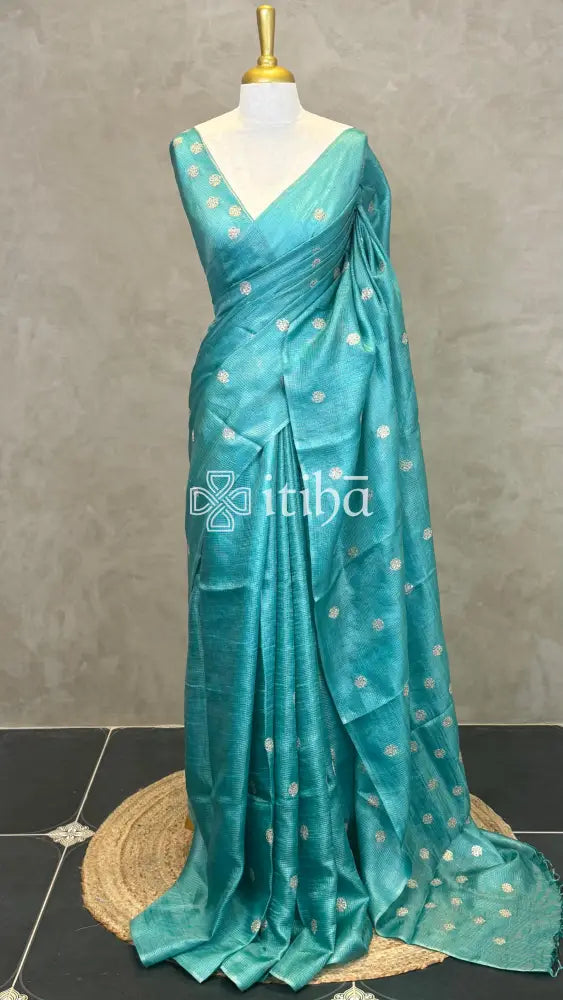 ZARI CHECKS TUSSAR EMBROIDERY SAREE - teal blue