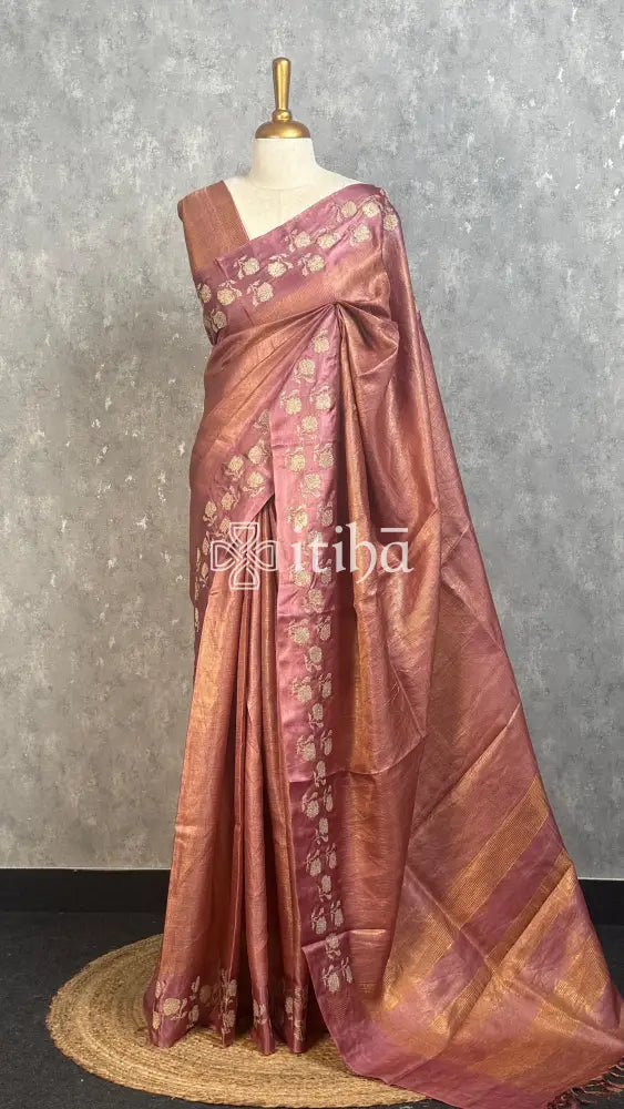 ZARI TUSSAR SILK EMBROIDERY SAREE - dusty rose