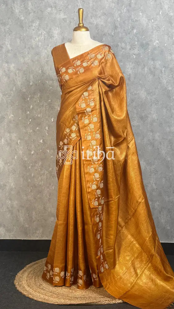 ZARI TUSSAR SILK EMBROIDERY SAREE - MUSTARD GOLD