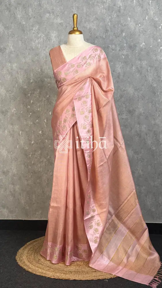 ZARI TUSSAR SILK EMBROIDERY SAREE - PEACH PINK