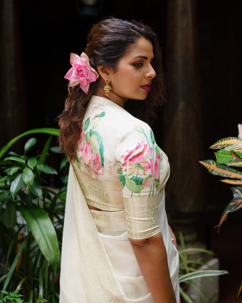 FLORAL PRINTED CHANDERI SILK SAREE - Image 3