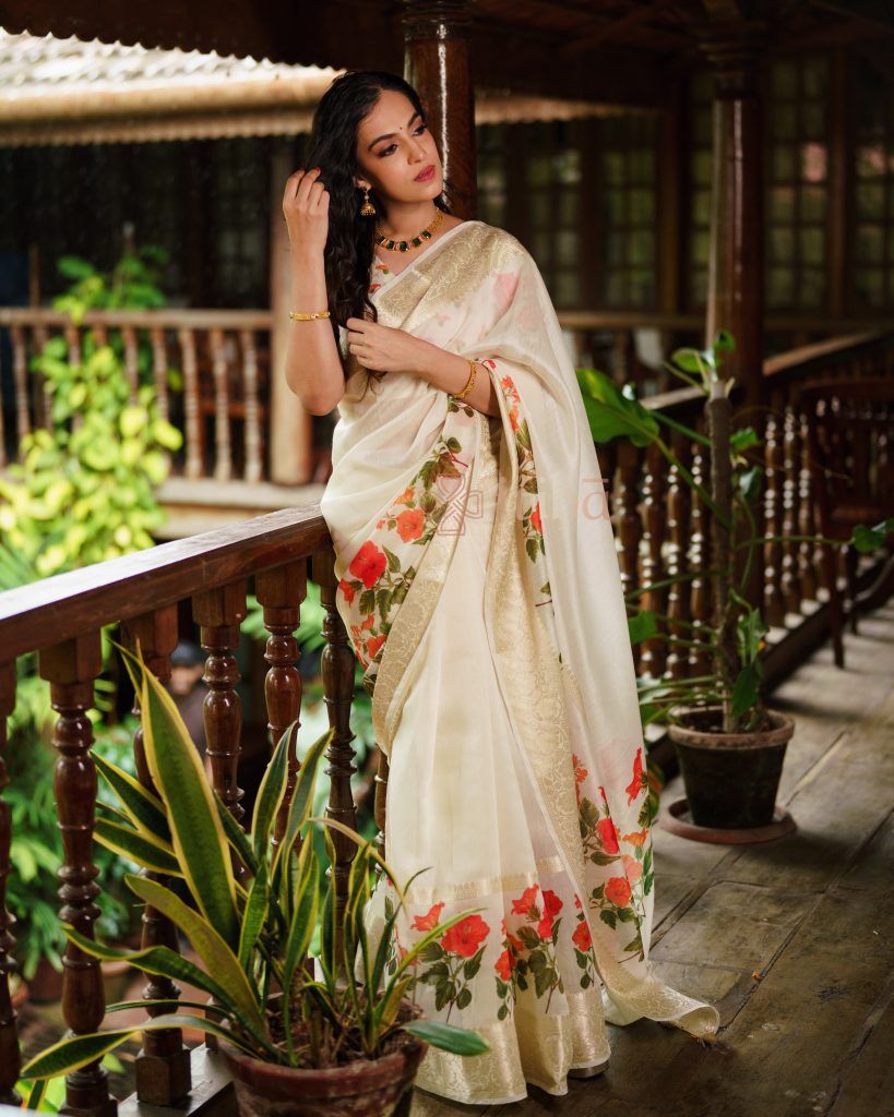 FLORAL PRINTED CHANDERI SILK SAREE