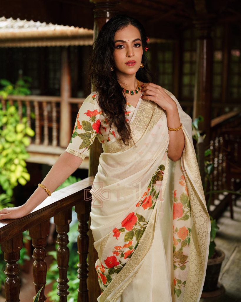 FLORAL PRINTED CHANDERI SILK SAREE - Image 2