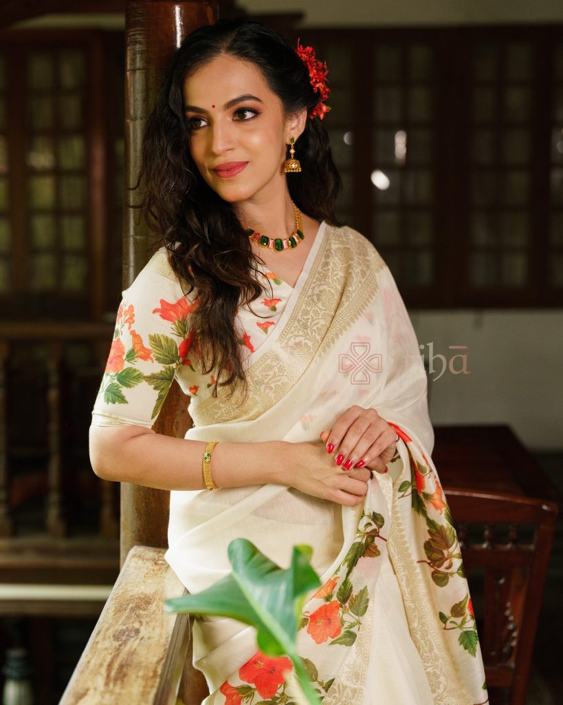 FLORAL PRINTED CHANDERI SILK SAREE - Image 3