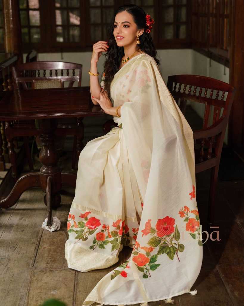 FLORAL PRINTED CHANDERI SILK SAREE - Image 4