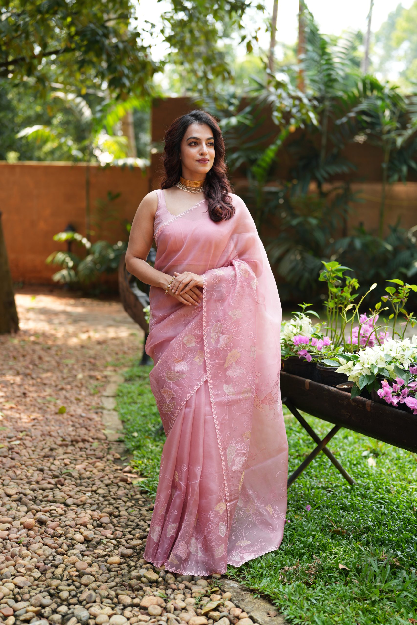SILK ORGANZA APPLIQUE SAREE