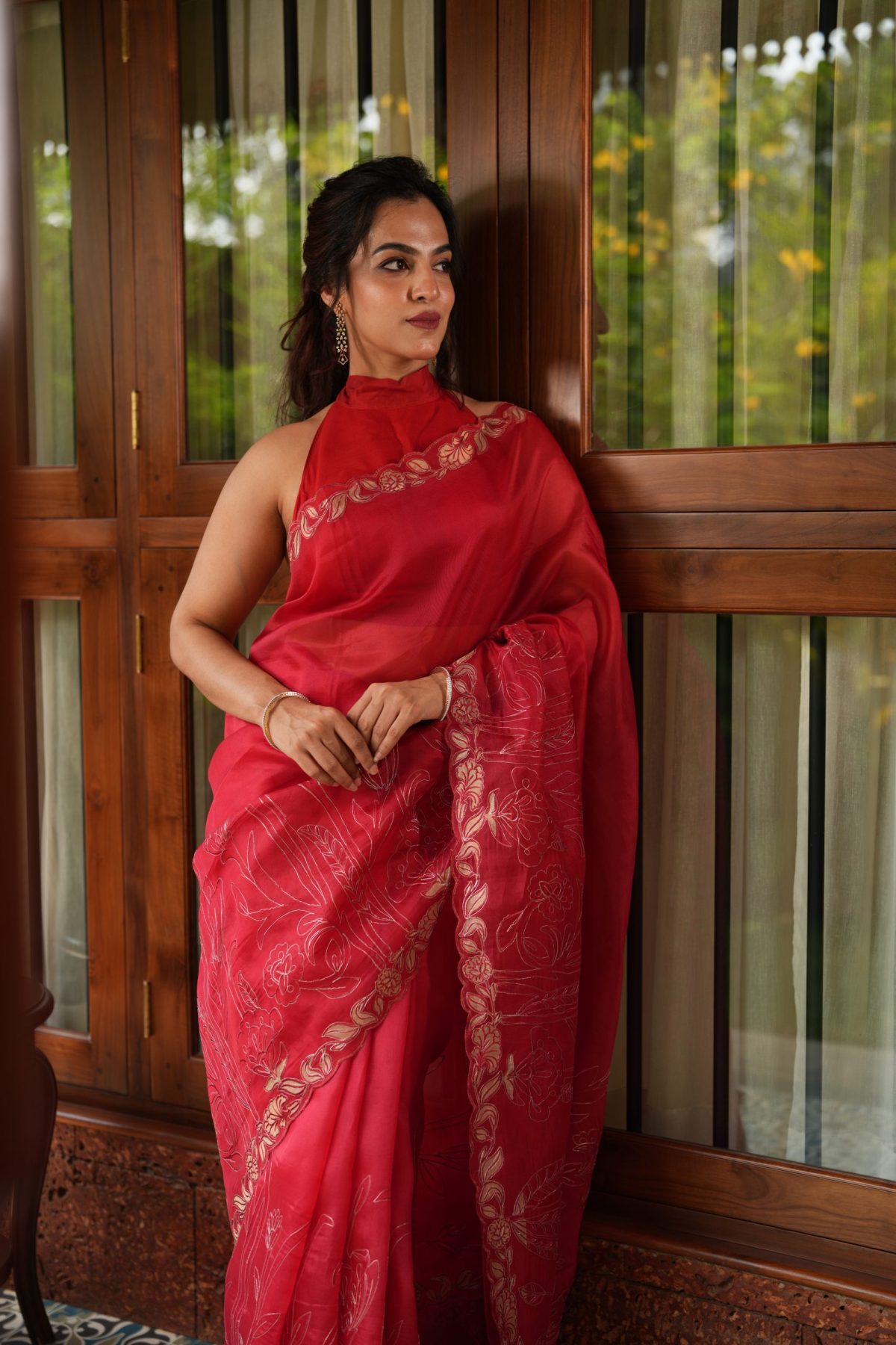 SILK ORGANZA APPLIQUE SAREE