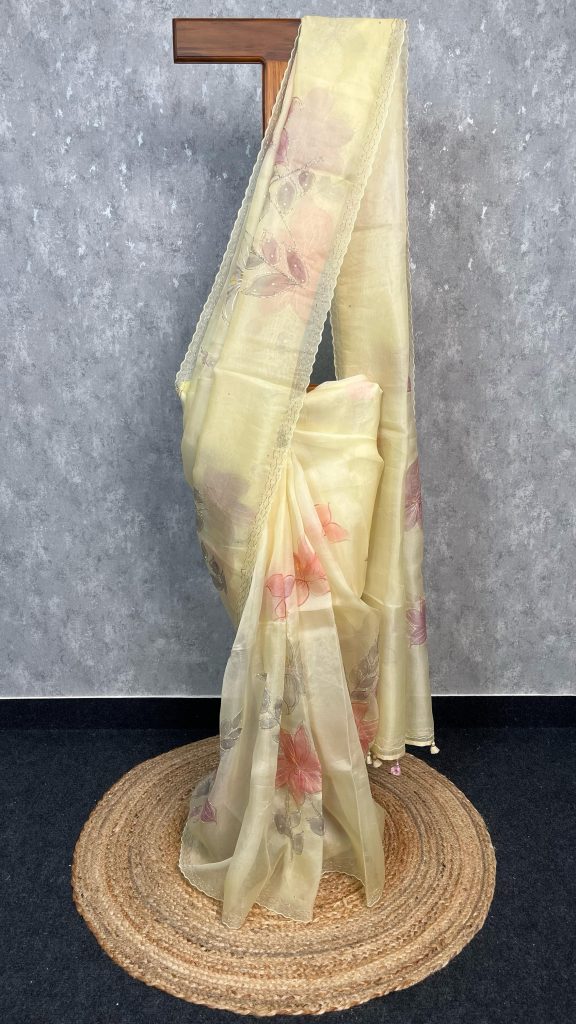 SILK ORGANZA HAND PAINTED EMBROIDERY SAREE