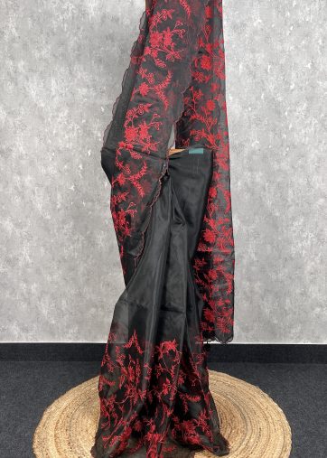 SEMI ORGANZA THREAD EMBROIDERY BANARASI SAREE