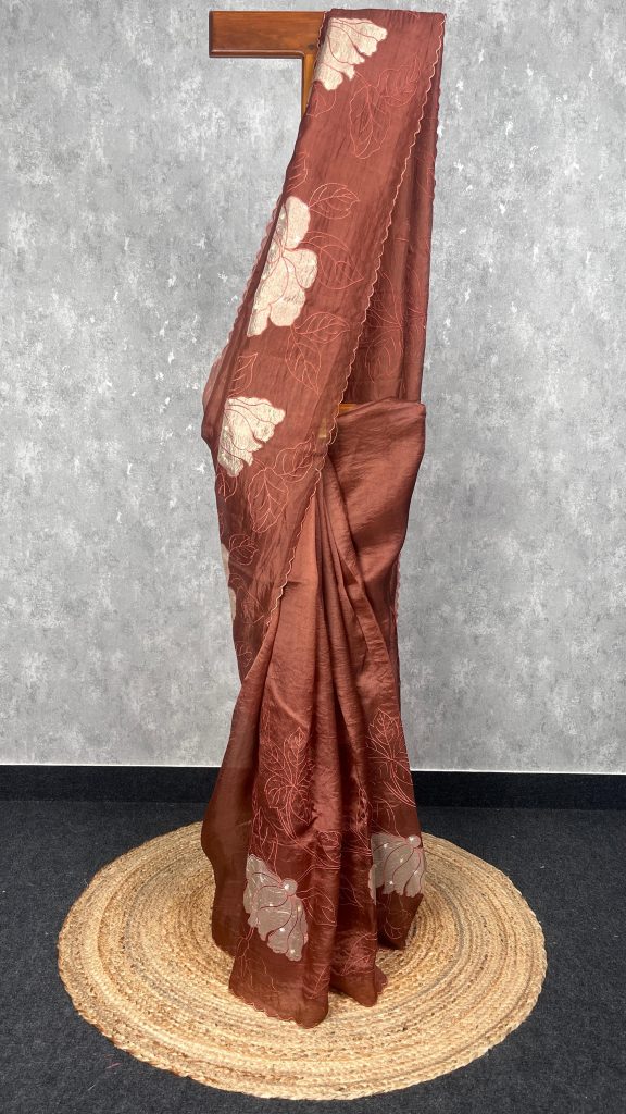 SILK ORGANZA TISSUE APPLIQUE EMBROIDERY SAREE