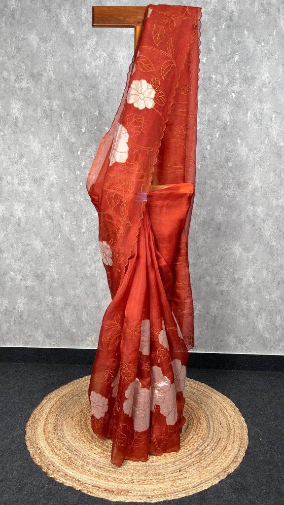 SILK  ORGANZA TISSUE APPLIQUE EMBROIDERY SAREE