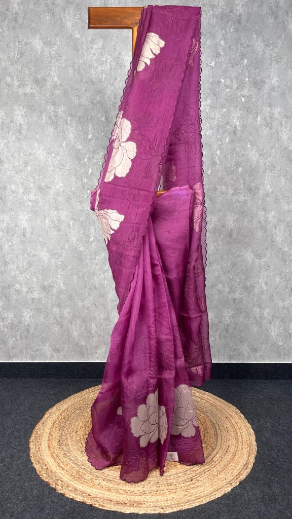 SILK ORGANZA TISSUE APPLIQUE EMBROIDERY SAREE
