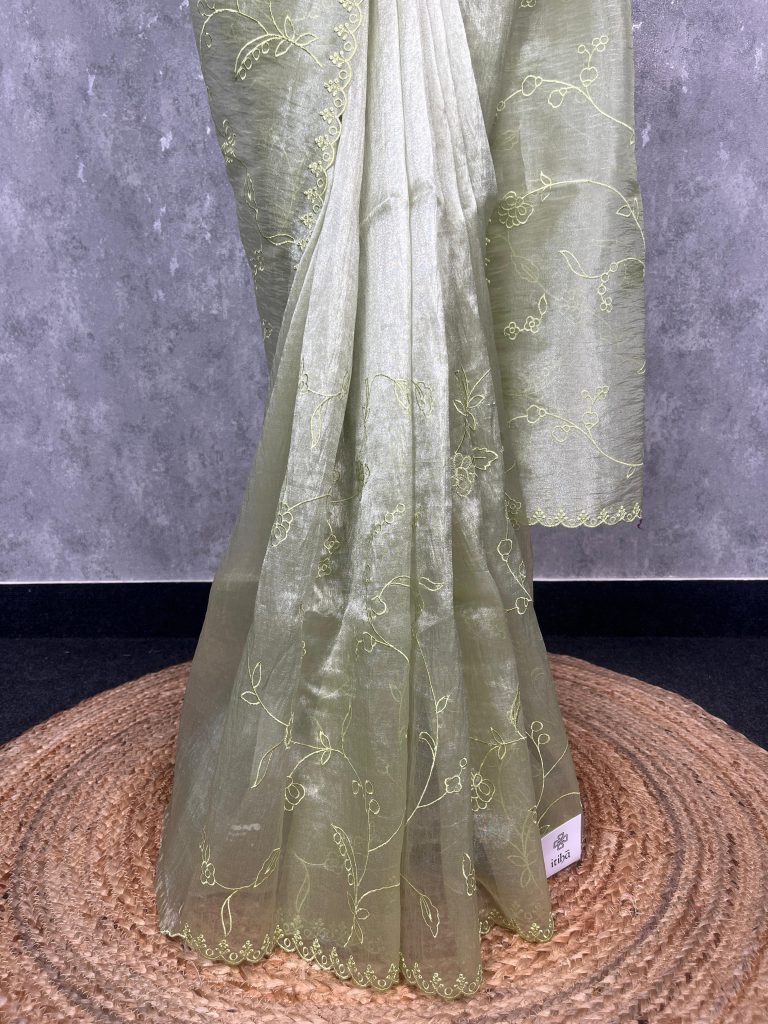 SEMI ORGANZA APPLIQUE EMBROIDERY SAREE - Image 3