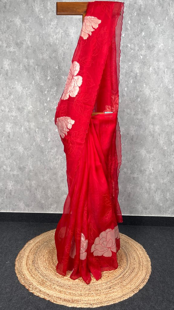 SILK ORGANZA TISSUE APPLIQUE EMBROIDERY SAREE