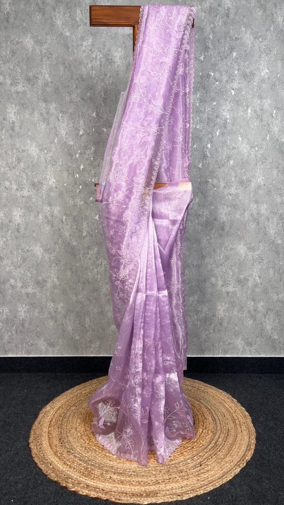 SEMI ORGANZA APPLIQUE EMBROIDERY SAREE