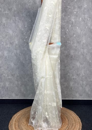 SEMI ORGANZA APPLIQUE EMBROIDERY SAREE