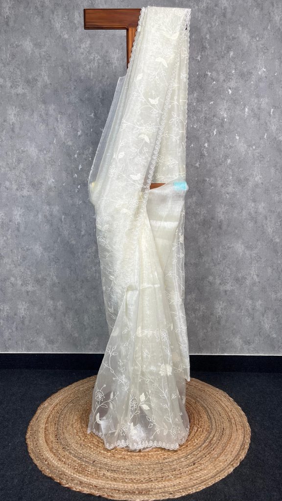 SEMI ORGANZA APPLIQUE EMBROIDERY SAREE