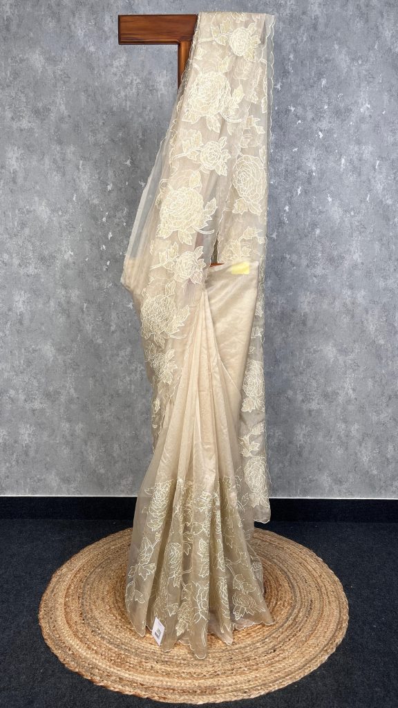 SEMI ORGANZA TISSUE  APPLIQUE SAREE