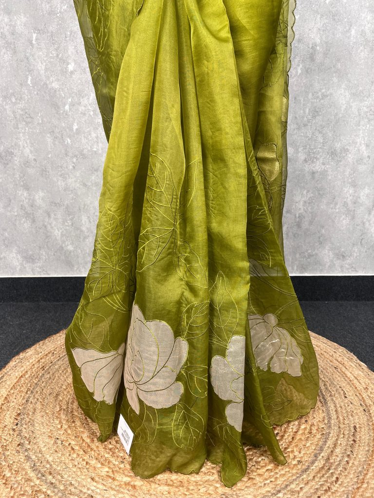 SILK ORGANZA TISSUE APPLIQUE EMBROIDERY SAREE - Image 3
