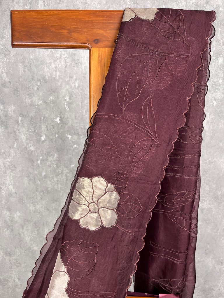 SILK ORGANZA TISSUE APPLIQUE EMBROIDERY SAREE - Image 2