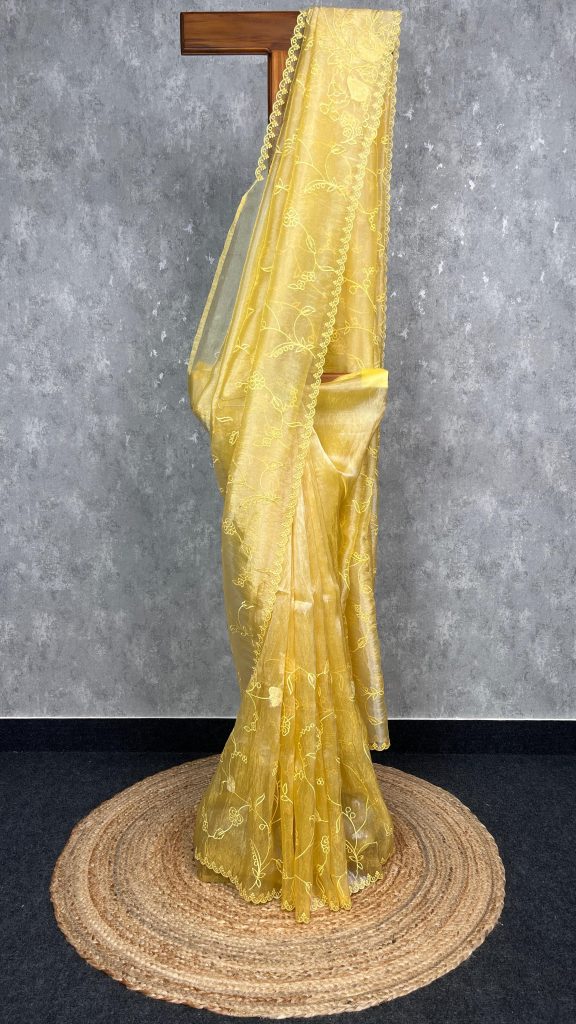 SEMI ORGANZA APPLIQUE EMBROIDERY SAREE