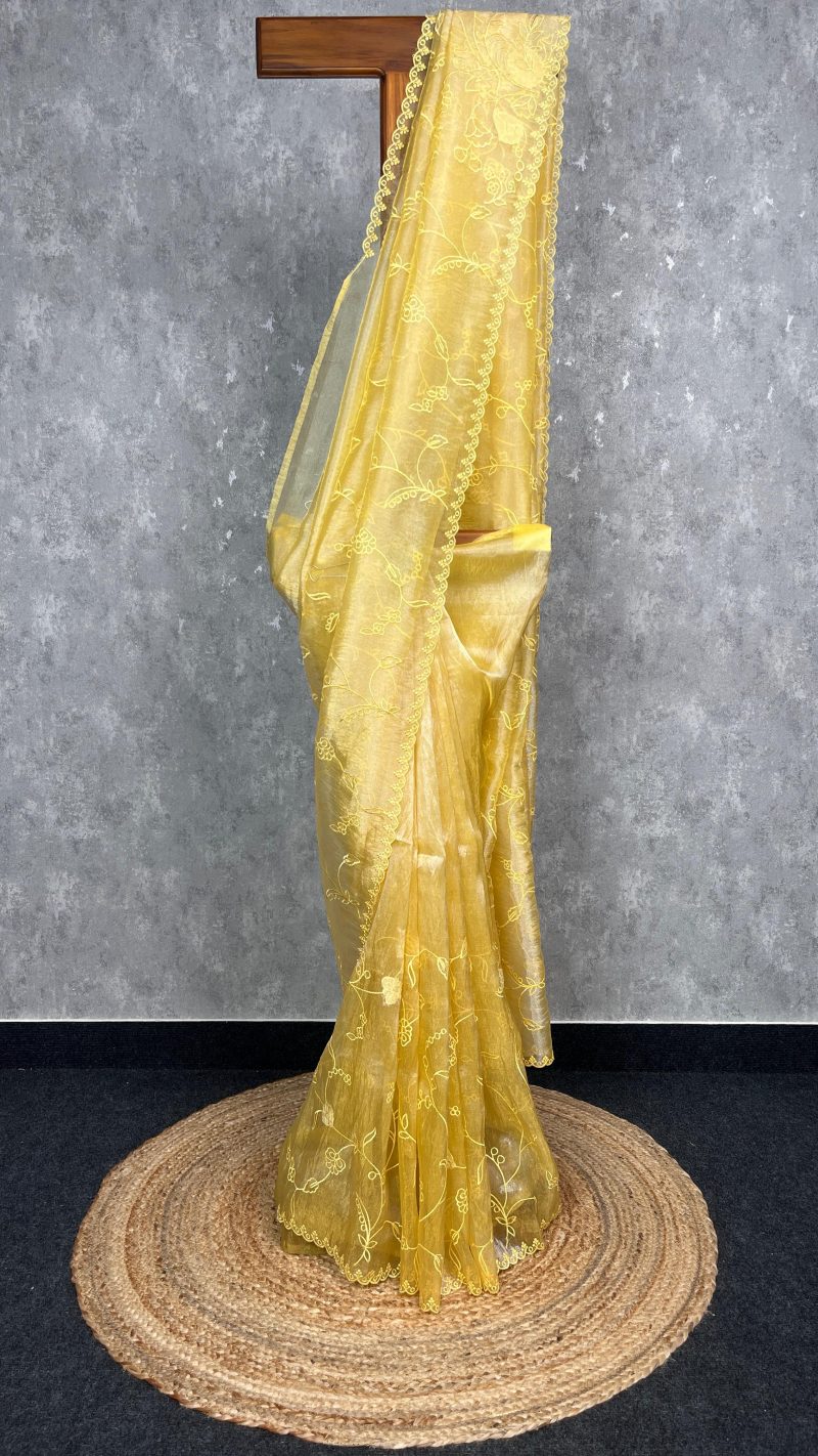SEMI ORGANZA APPLIQUE EMBROIDERY SAREE